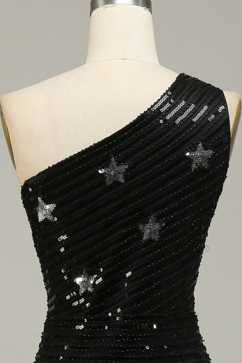 Paillettes Sirène Une épaule Robe de bal longue noire avec étoile