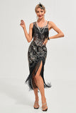 Robe noire à bretelles spaghetti Gatsby à franges