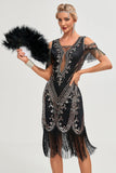 Noir épaule froide paillettes franges des années 1920 Gatsby robe