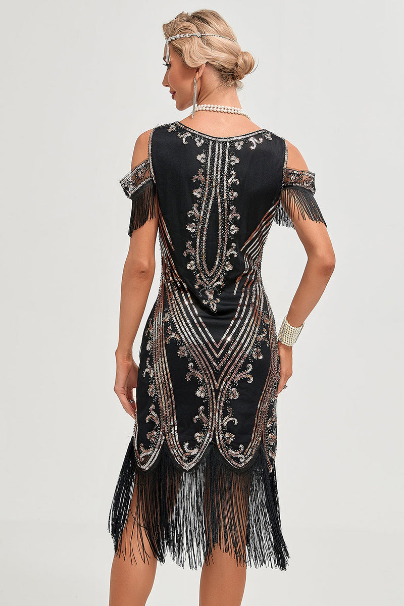 Charger l&#39;image dans la galerie, Noir épaule froide paillettes franges des années 1920 Gatsby robe