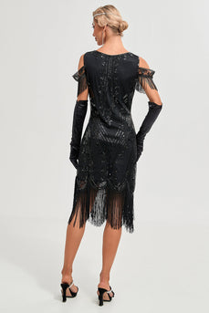 Noir épaule froide paillettes franges des années 1920 Gatsby robe