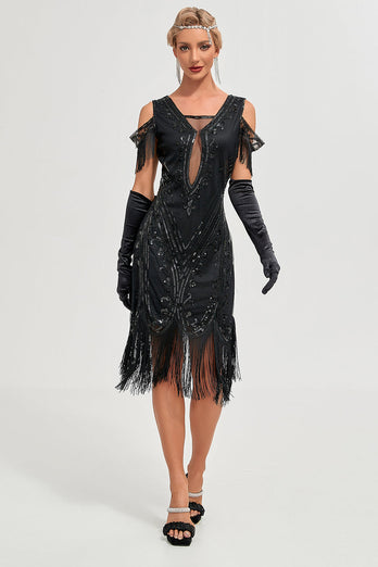 Noir épaule froide paillettes franges des années 1920 Gatsby robe