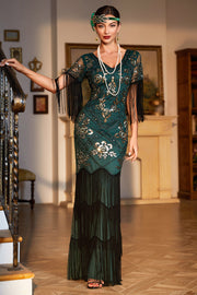 Robe fourreau verte foncé à paillettes col V longue style années 1920 à franges