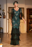 Fourreau V Col Vert foncé Paillettes Long 1920s Flapper Robe à franges