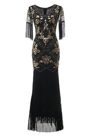 V col noir longue robe Flapper des années 20 avec paillettes et franges