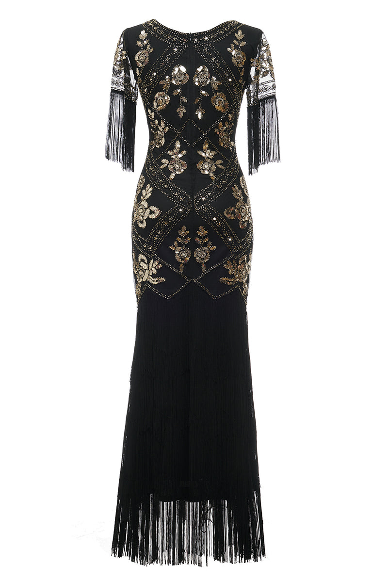 Charger l&#39;image dans la galerie, V col noir longue robe Flapper des années 20 avec paillettes et franges