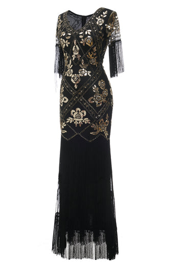 V col noir longue robe Flapper des années 20 avec paillettes et franges