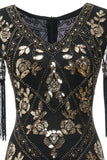 V col noir longue robe Flapper des années 20 avec paillettes et franges