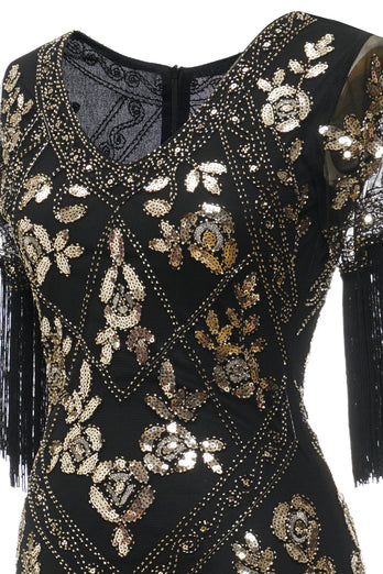 V col noir longue robe Flapper des années 20 avec paillettes et franges