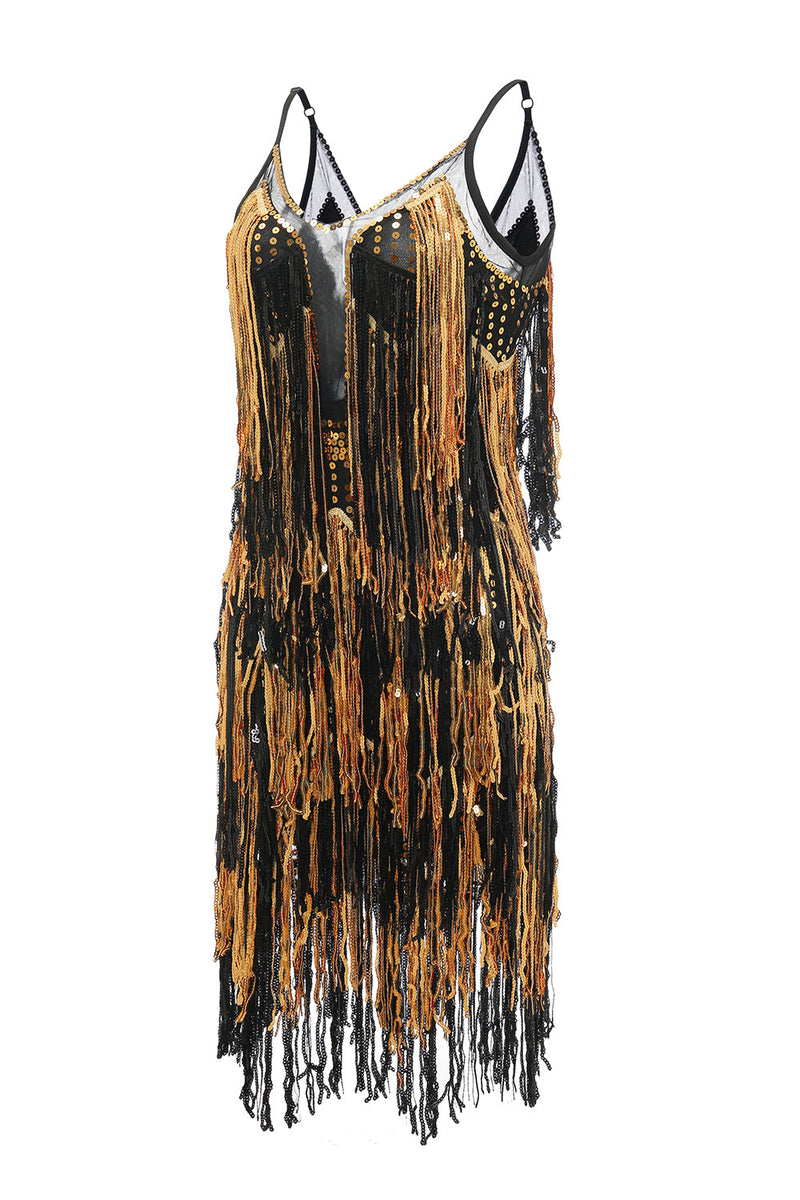 Charger l&#39;image dans la galerie, Robe noire à franges dorées des années 20 avec paillettes