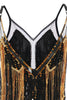 Charger l&#39;image dans la galerie, Robe noire à franges dorées des années 20 avec paillettes