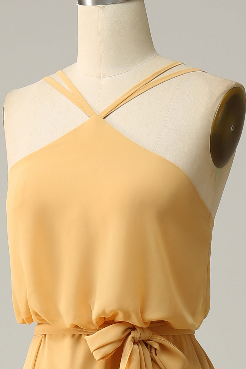 Charger l&#39;image dans la galerie, Une robe de demoiselle d’honneur longue jaune Halter Line avec nœud papillon
