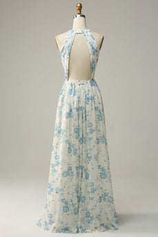Robe de demoiselle d’honneur bleue florale Boho Long Chiffon