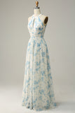 Robe de demoiselle d’honneur bleue florale Boho Long Chiffon