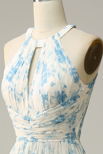 Robe de demoiselle d’honneur bleue florale Boho Long Chiffon