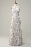 Robe de demoiselle d’honneur bleue florale Boho Long Chiffon