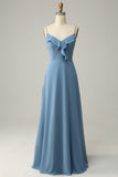 Une ligne Spaghetti Straps Gris Bleu Robe de demoiselle d’honneur longue avec Criss Cross Back