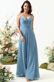 Une ligne Spaghetti Straps Gris Bleu Robe de demoiselle d’honneur longue avec Criss Cross Back