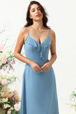 Une ligne Spaghetti Straps Gris Bleu Robe de demoiselle d’honneur longue avec Criss Cross Back