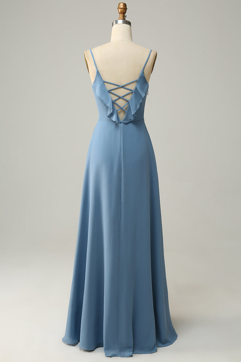 Charger l&#39;image dans la galerie, Une ligne Spaghetti Straps Gris Bleu Robe de demoiselle d’honneur longue avec Criss Cross Back