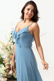 Une ligne Spaghetti Straps Gris Bleu Robe de demoiselle d’honneur longue avec Criss Cross Back