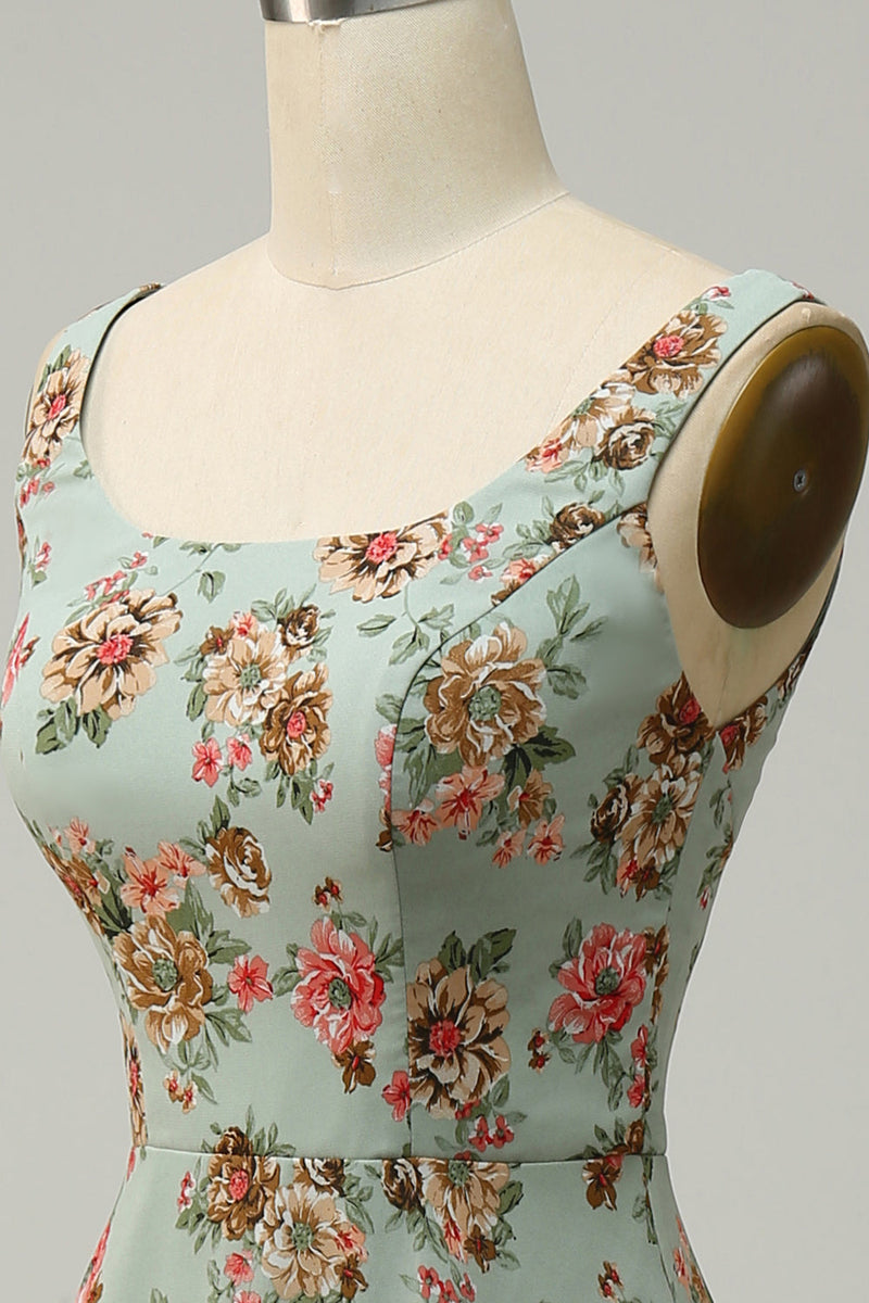Charger l&#39;image dans la galerie, Une ligne col carré vert floral longue robe de demoiselle d’honneur avec dos ouvert