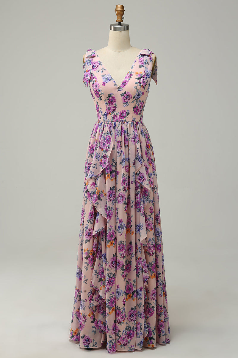 Charger l&#39;image dans la galerie, Une ligne V col rose floral imprimé longue robe demoiselle d’honneur