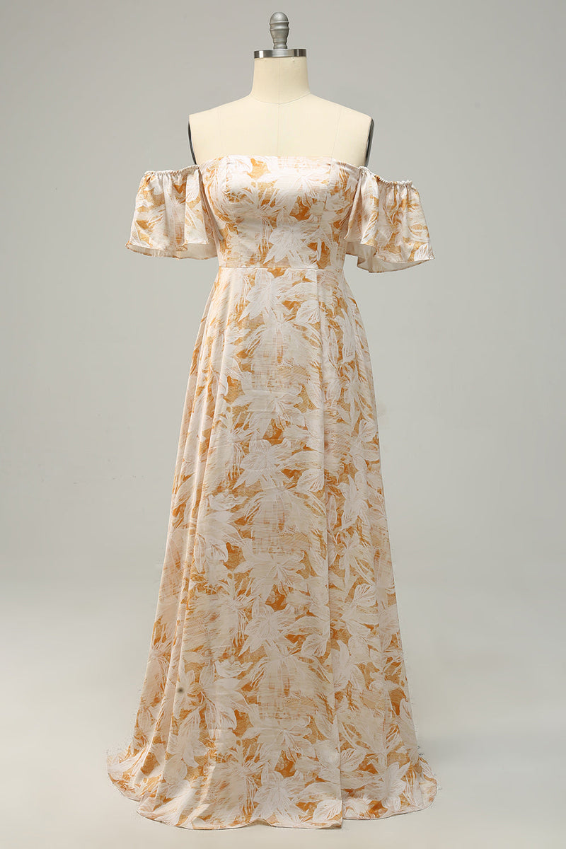 Charger l&#39;image dans la galerie, Une ligne sur l’épaule fleur jaune imprimée plus grande taille robe de demoiselle d’honneur