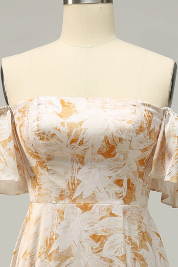 Une ligne sur l’épaule fleur jaune imprimée plus grande taille robe de demoiselle d’honneur