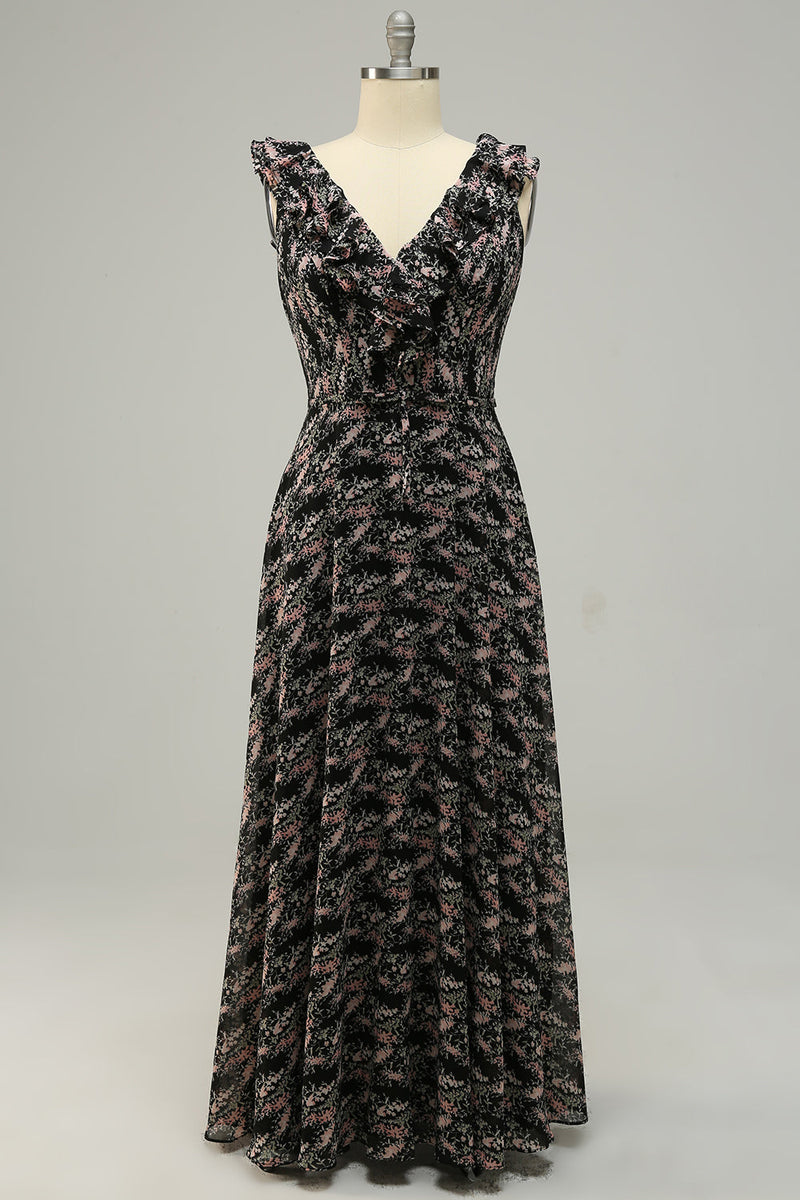 Charger l&#39;image dans la galerie, Une robe de demoiselle d’honneur Line V col noir Plus size avec volants