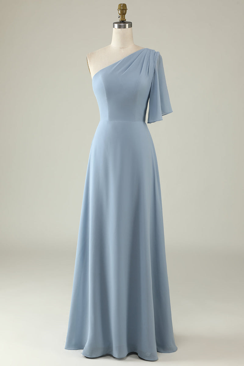 Charger l&#39;image dans la galerie, Gris Bleu Une Épaule Mousseline Boho Robe de demoiselle d’honneur
