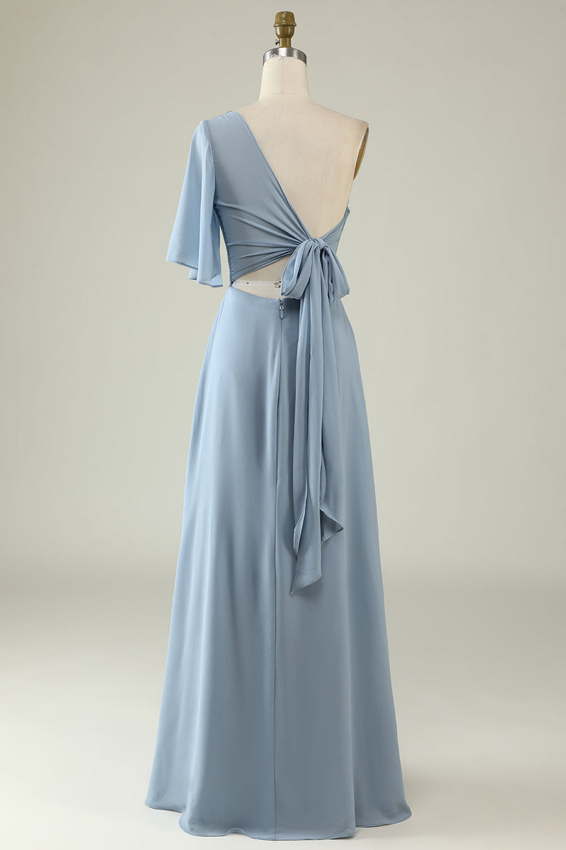 Charger l&#39;image dans la galerie, Gris Bleu Une Épaule Mousseline Boho Robe de demoiselle d’honneur