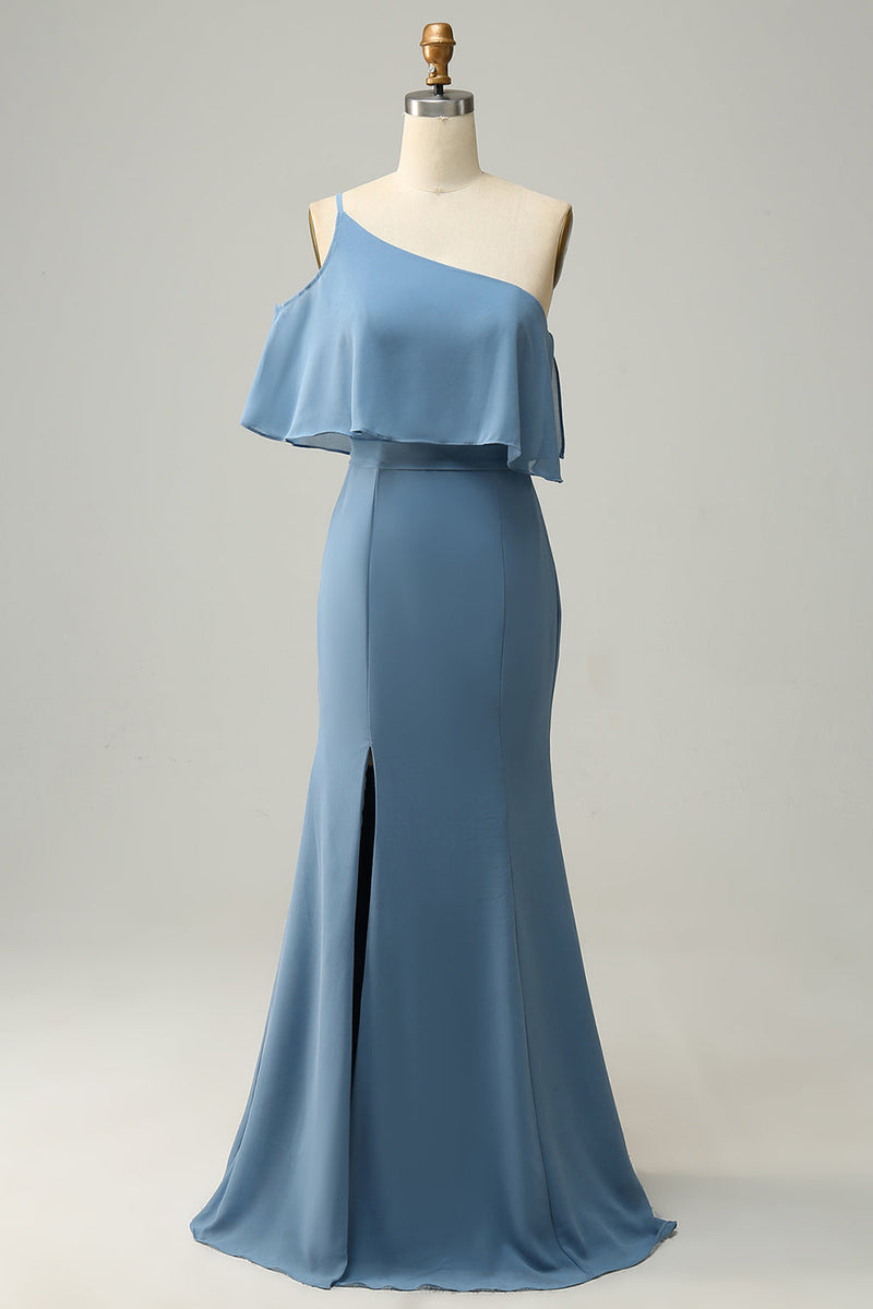 Charger l&#39;image dans la galerie, Gaine One Shoulder Blue Plus Taille Robe de demoiselle d’honneur avec limon