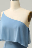 Gaine One Shoulder Blue Plus Taille Robe de demoiselle d’honneur avec limon