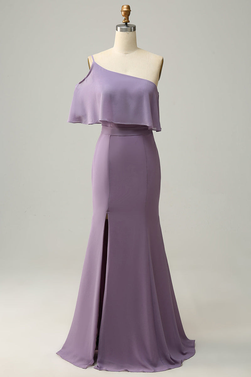 Charger l&#39;image dans la galerie, Gaine One Shoulder Purple Plus Taille Robe de demoiselle d’honneur avec limon
