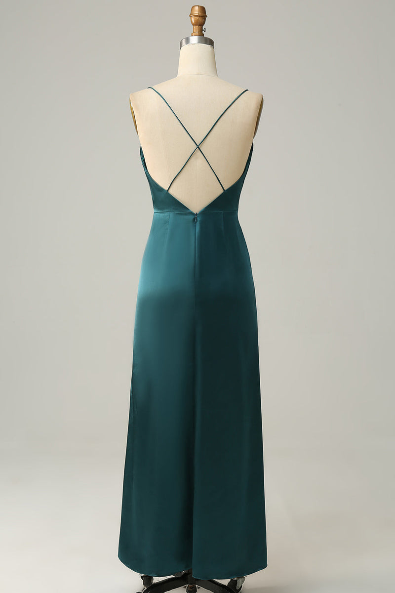 Charger l&#39;image dans la galerie, Une ligne de bretelles spaghetti vert foncé plus grande taille robe demoiselle d’honneur avec dos nu