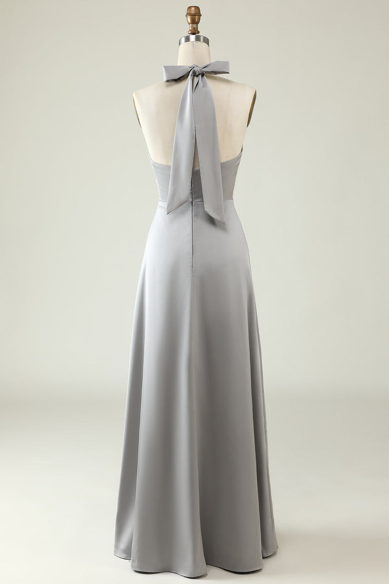 Charger l&#39;image dans la galerie, Robe de demoiselle d’honneur longue simple grise Halter avec fente