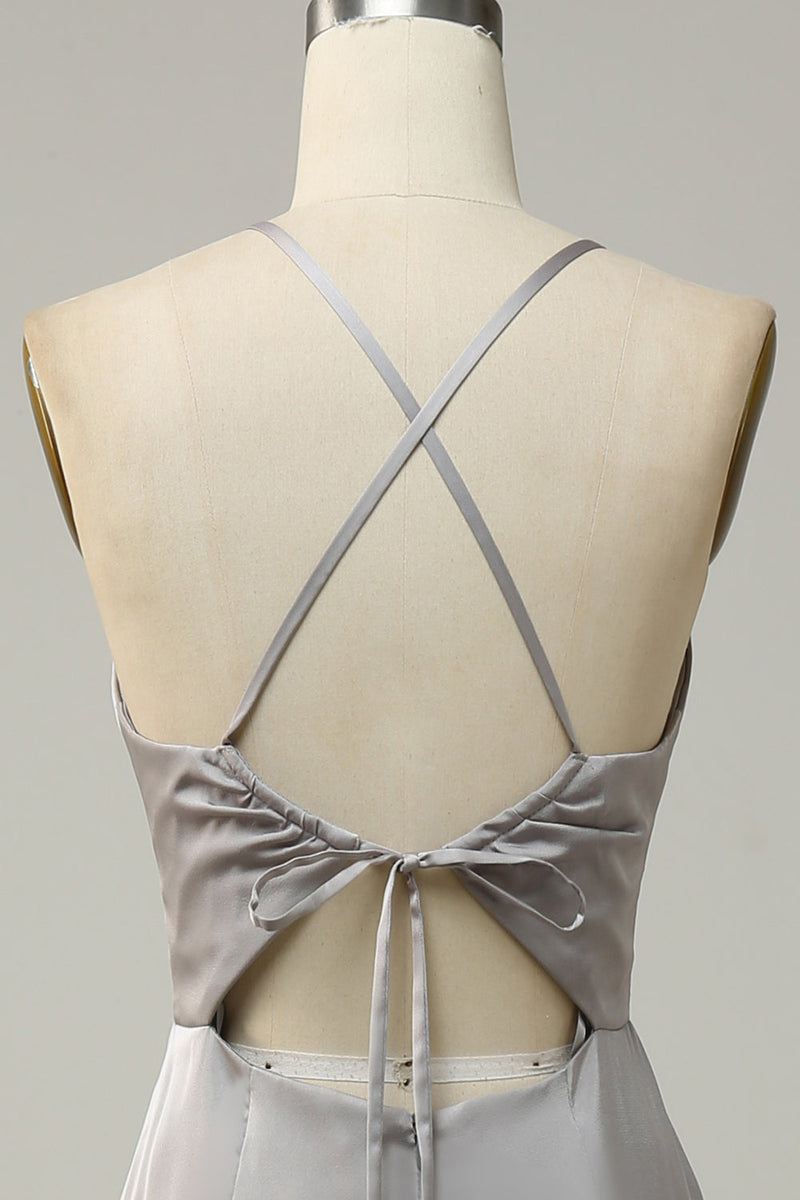 Charger l&#39;image dans la galerie, Sirène Spaghetti Straps Gris Robe de demoiselle d’honneur longue avec dos ouvert