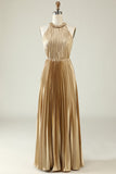 Halter Neck Golden Plissé Robe de demoiselle d’honneur longue