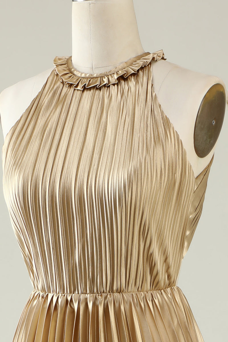 Charger l&#39;image dans la galerie, Halter Neck Golden Plissé Robe de demoiselle d’honneur longue