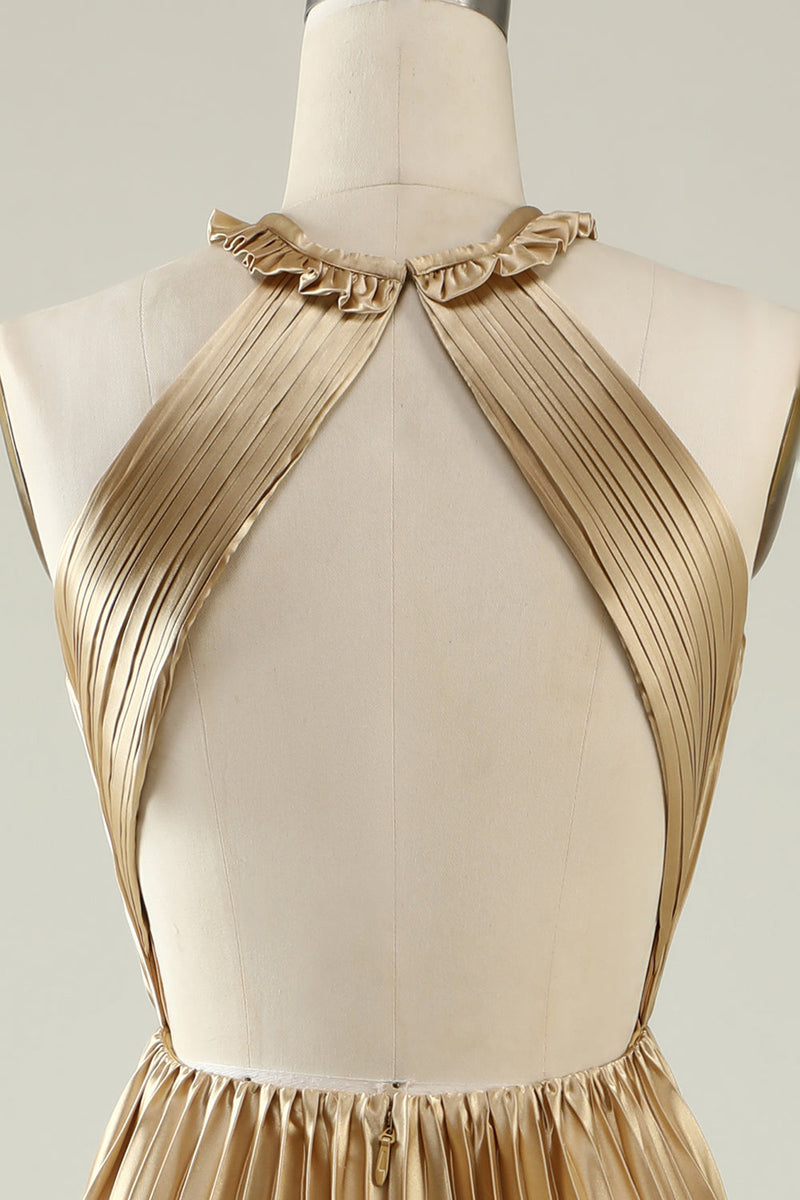 Charger l&#39;image dans la galerie, Halter Neck Golden Plissé Robe de demoiselle d’honneur longue