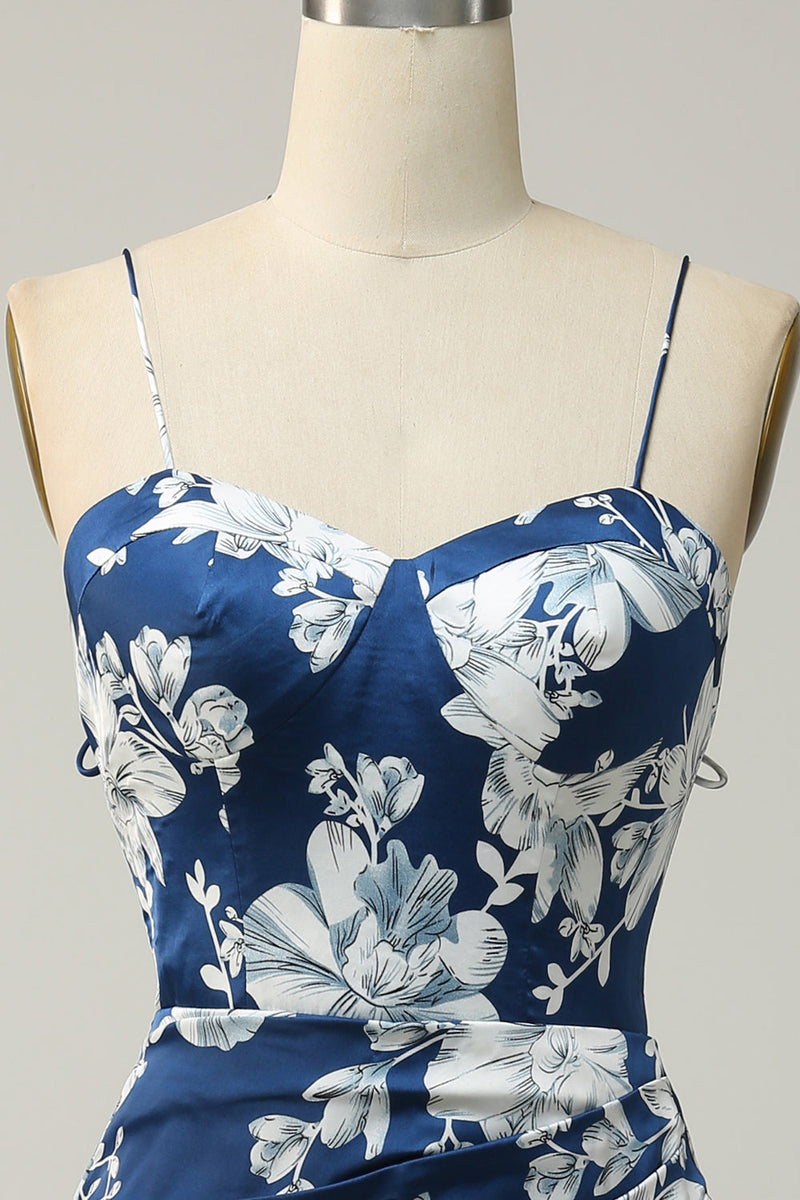 Charger l&#39;image dans la galerie, Fleuri bleu encre Tea-Longueur robe de demoiselle d’honneur