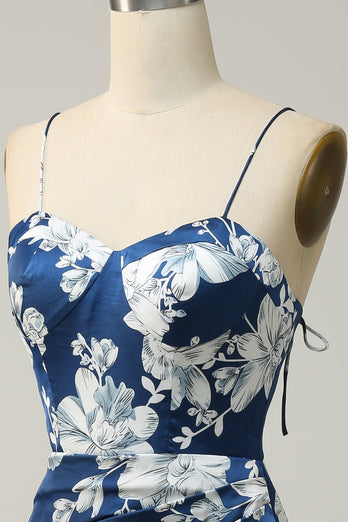 Fleuri bleu encre Tea-Longueur robe de demoiselle d’honneur