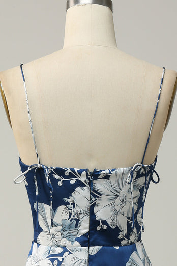 Fleuri bleu encre Tea-Longueur robe de demoiselle d’honneur