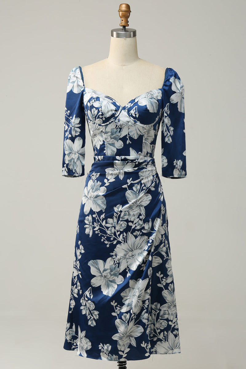 Charger l&#39;image dans la galerie, Robe de demoiselle d’honneur à longueur thé floral bleu encre avec manches