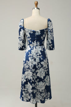 Robe de demoiselle d’honneur à longueur thé floral bleu encre avec manches