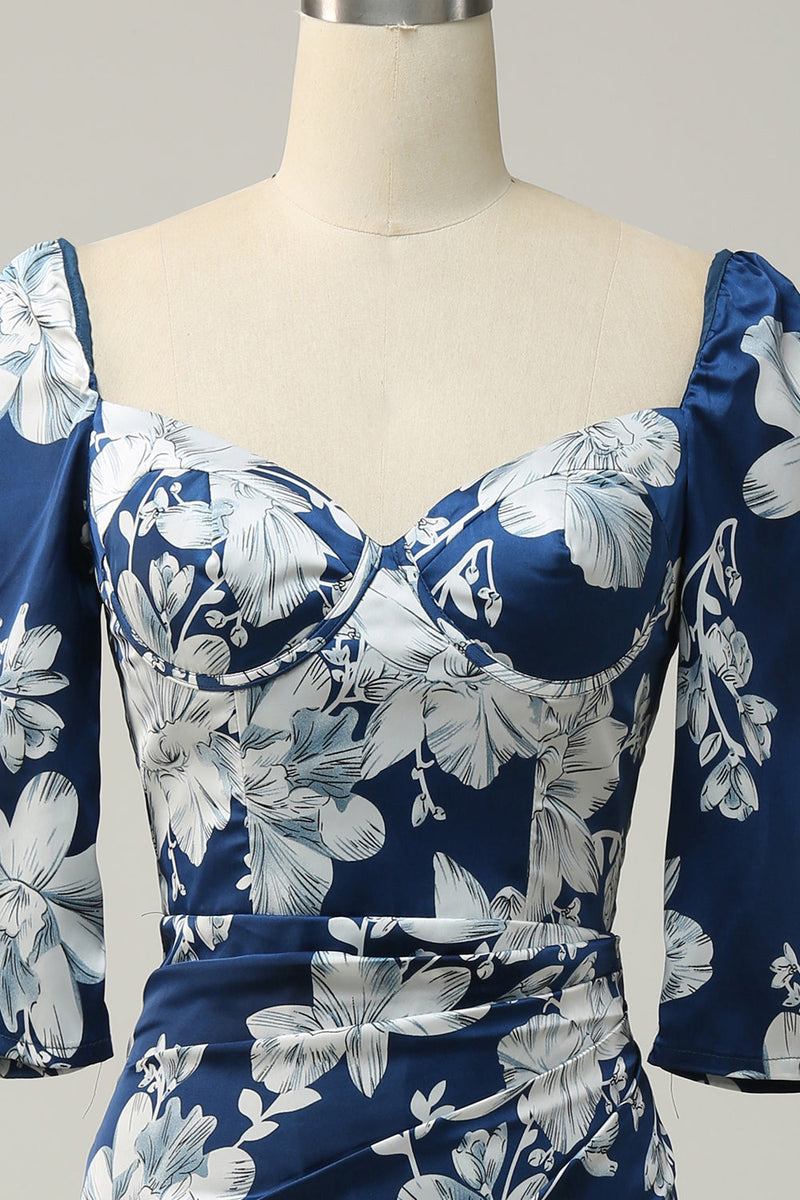 Charger l&#39;image dans la galerie, Robe de demoiselle d’honneur à longueur thé floral bleu encre avec manches