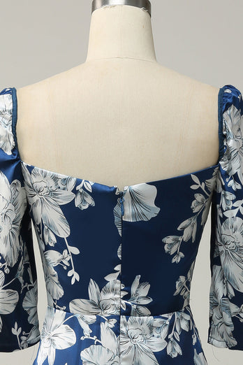 Robe de demoiselle d’honneur à longueur thé floral bleu encre avec manches