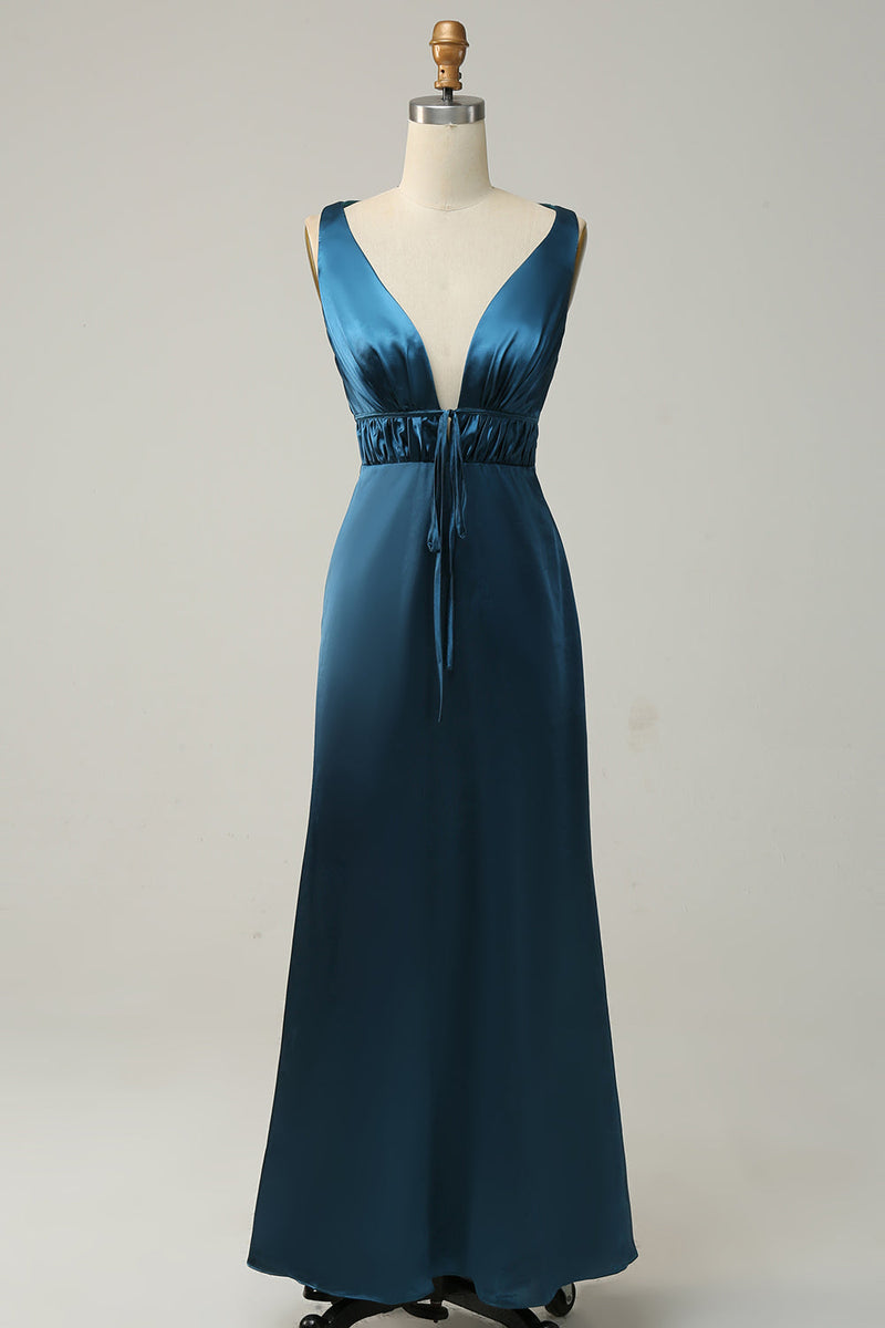 Charger l&#39;image dans la galerie, Encre Bleu Satin Robe de demoiselle d’honneur longue