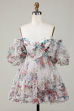 Ivoire Floral imprimé A-Line Puff Manches Short Tulle Cocktail Robe